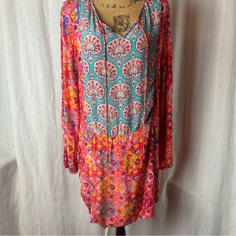 Benares Tunic Top Floral Boho Blouse Silky Viscose Multicolor Lightweight Size L